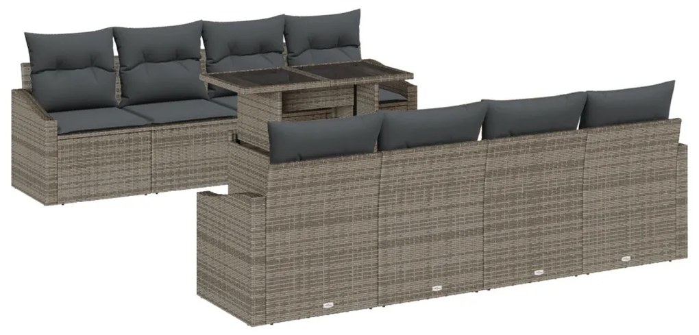 9 Részes Kerti Kanapé Készlet Párnákkal Szürke Poly Rattan