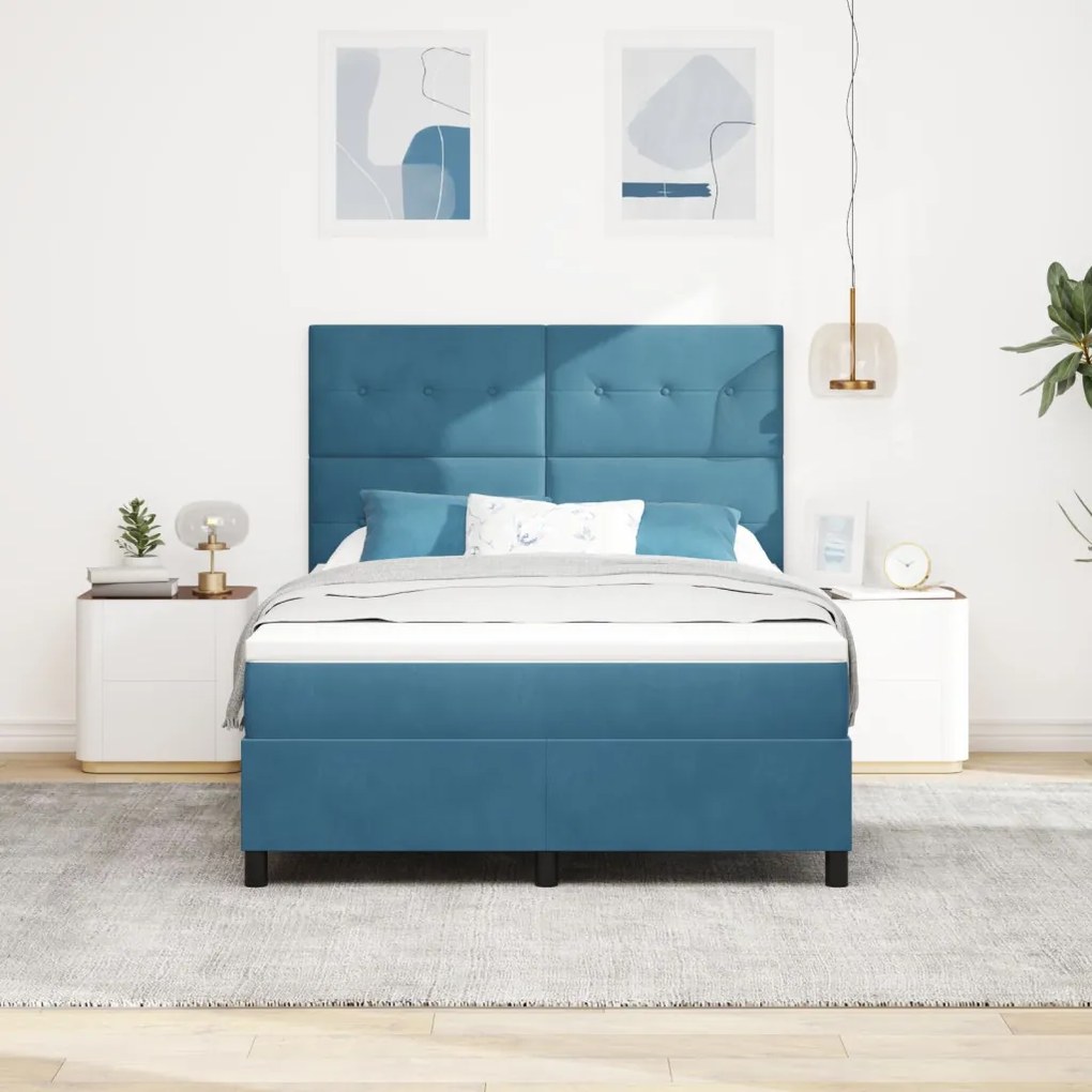 Boxspring Ágy Matracokkal Sötétkék 160x200 cm Bársony