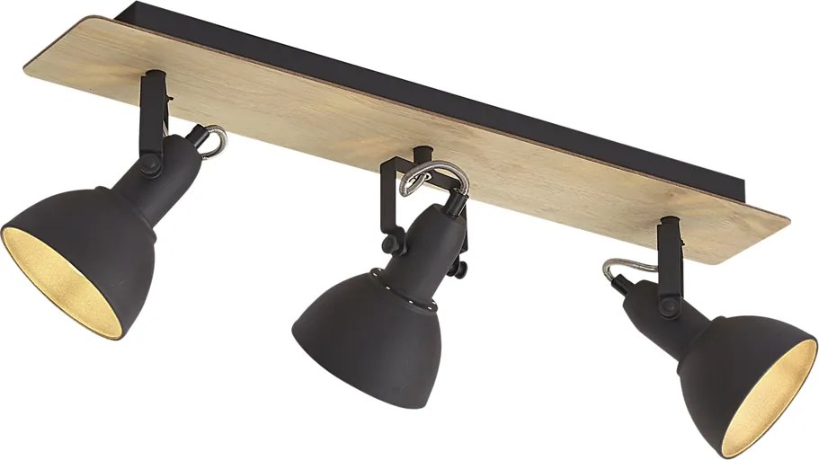 Fekete mennyezeti spotlámpa fával, 3 izzós, forgatható és dönthető - Jakub
