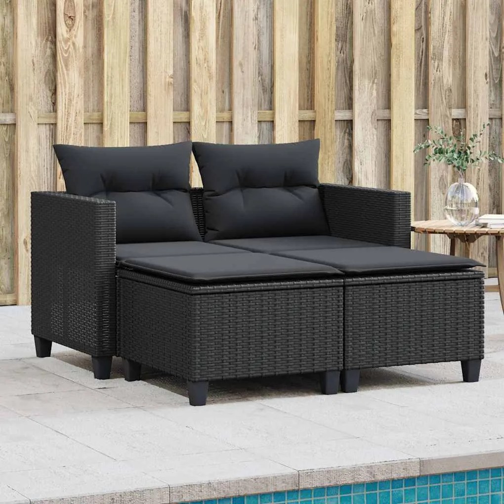 2 személyes fekete polyrattan kerti kanapé zsámollyal