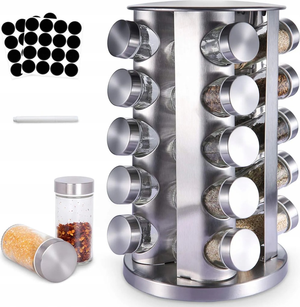 Fűszertartó Állvány 360° 20 Üveg Tégely Rozsdamentes Acél
