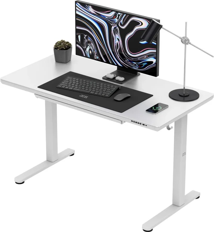 Állítható magasságú íróasztal, 120 x 60 cm, fejhallgatótartóval, üveglappal fehér