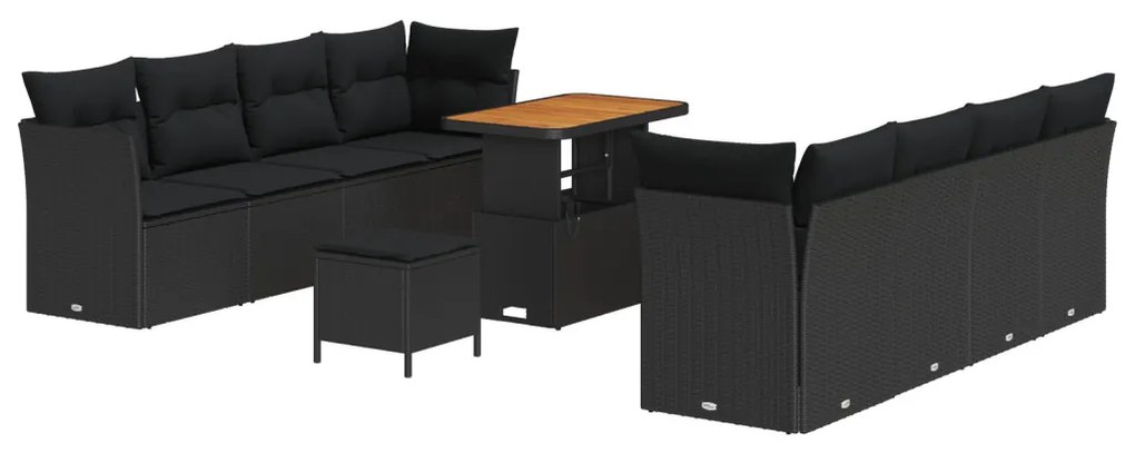 11 Darabos Kerti Kanapé Szett Párnákkal Fekete Poli Rattan Akác, 3 Darabos Kerti Étkezős Szett Párnákkal Fekete Poli Rattan Akác