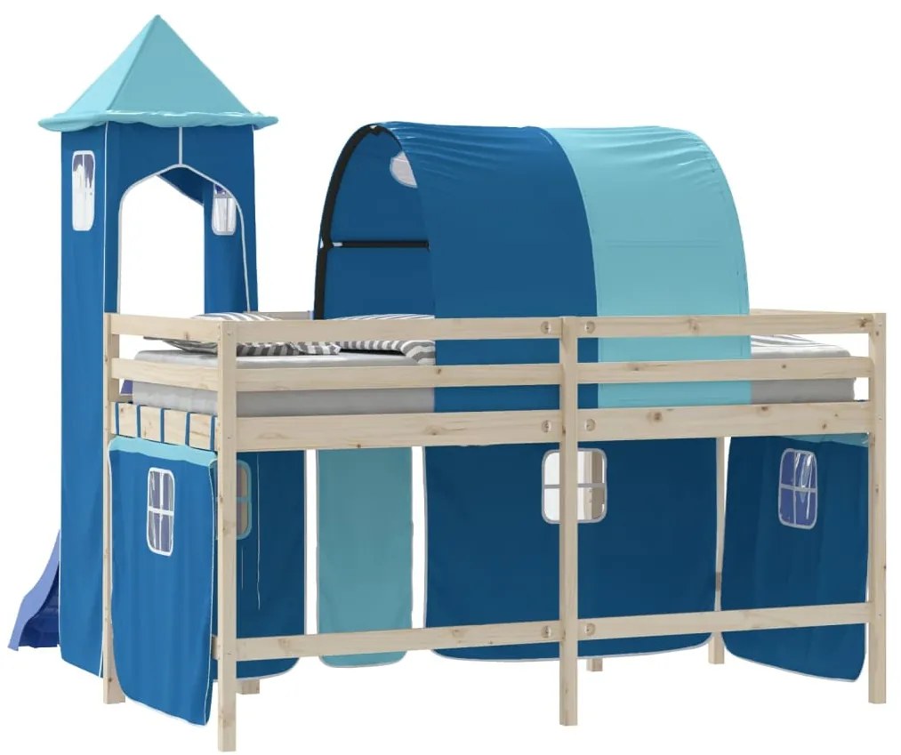 kék függönyök alagúttal és toronnyal ellátott tetőtéri ágyhoz