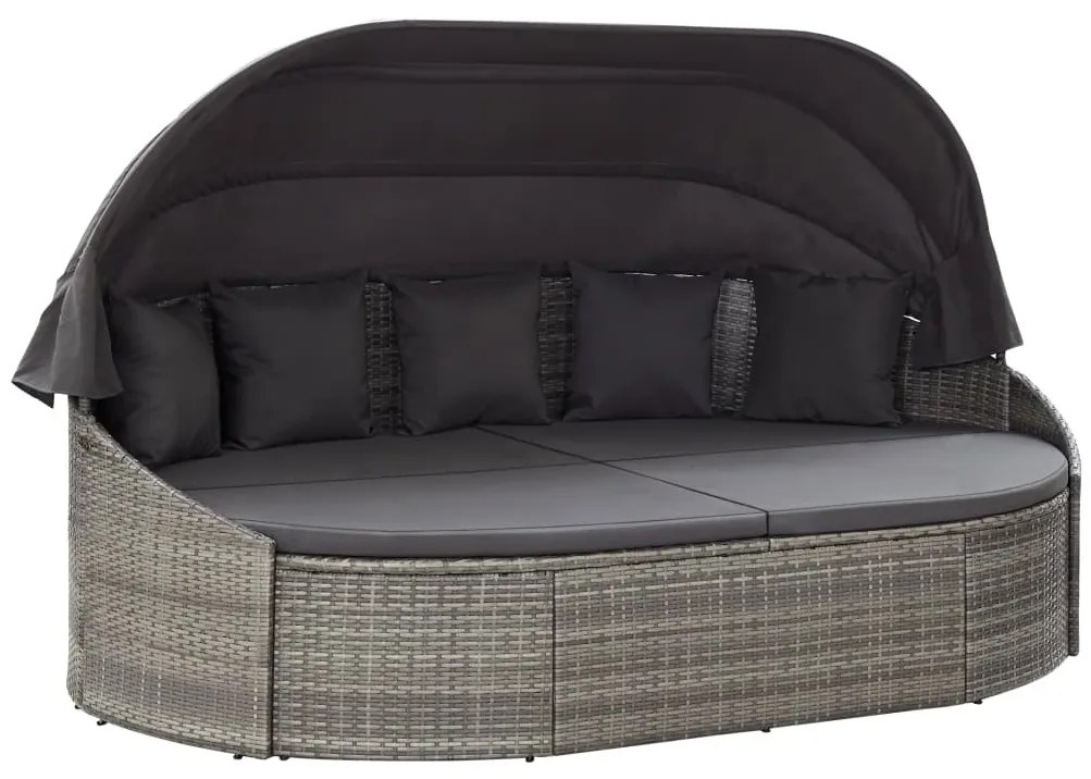 Szürke polyrattan kültéri napozóágy napellenzővel