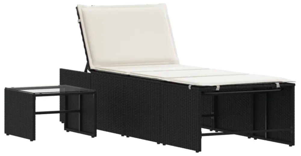 2 db fekete polyrattan napozóágy asztallal