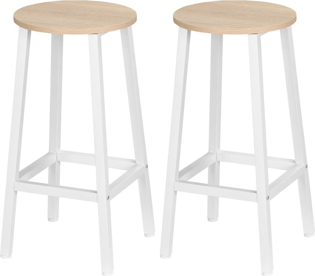 HOMCOM 2 db 65 cm Magas Konyhai Bárszék Acél Lábakkal és Lábpihenővel Nappali Étkezőbe Terhelhetőség 75 kg Természetes Fa és Fehér | Aosom