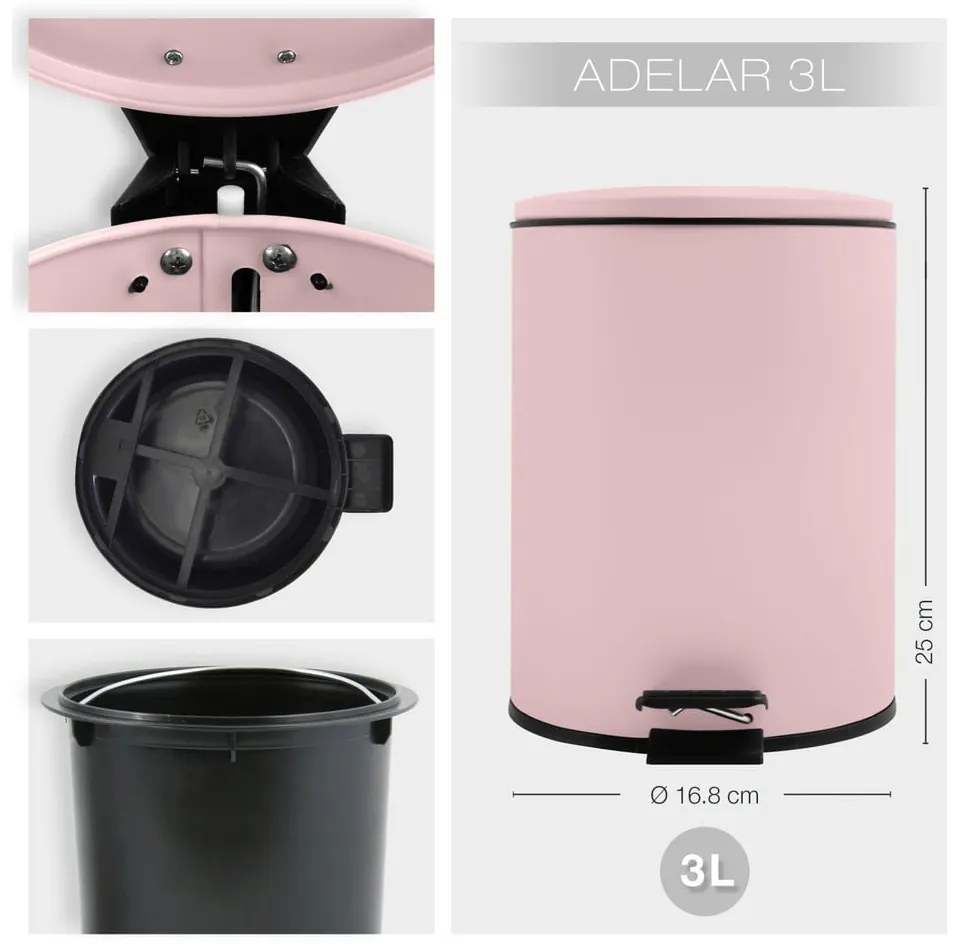 Rózsaszín acél pedálos szemetes 3 l Adelar – Spirella