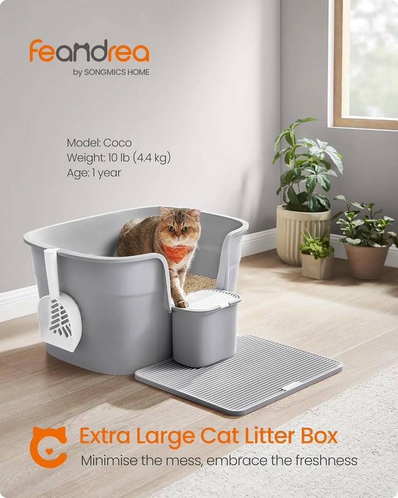 Extra nagy macskaalomdoboz magas oldalfallal, alomfogó ráccsal, szürke színben