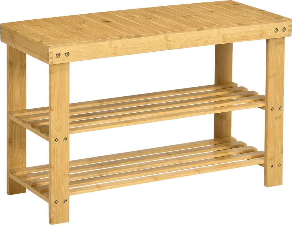 HOMCOM Cipőtároló Pad, Bambusz Pad, Tárolós Cipőrekesz 2 Nyitott Polccal Előszobába, Nappaliba, 70 x 28 x 45 cm Természetes | Aosom