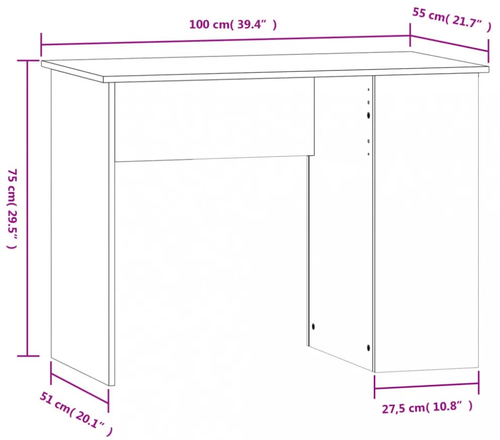 magasfényű fehér színű szerelt fa íróasztal 100x55x75 cm