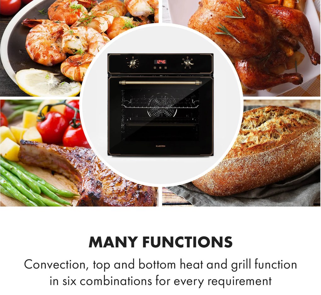 Klarstein Elizabeth, beépített sütő, retró dizájn, 6 funkció, 50 - 250 ° C, fekete