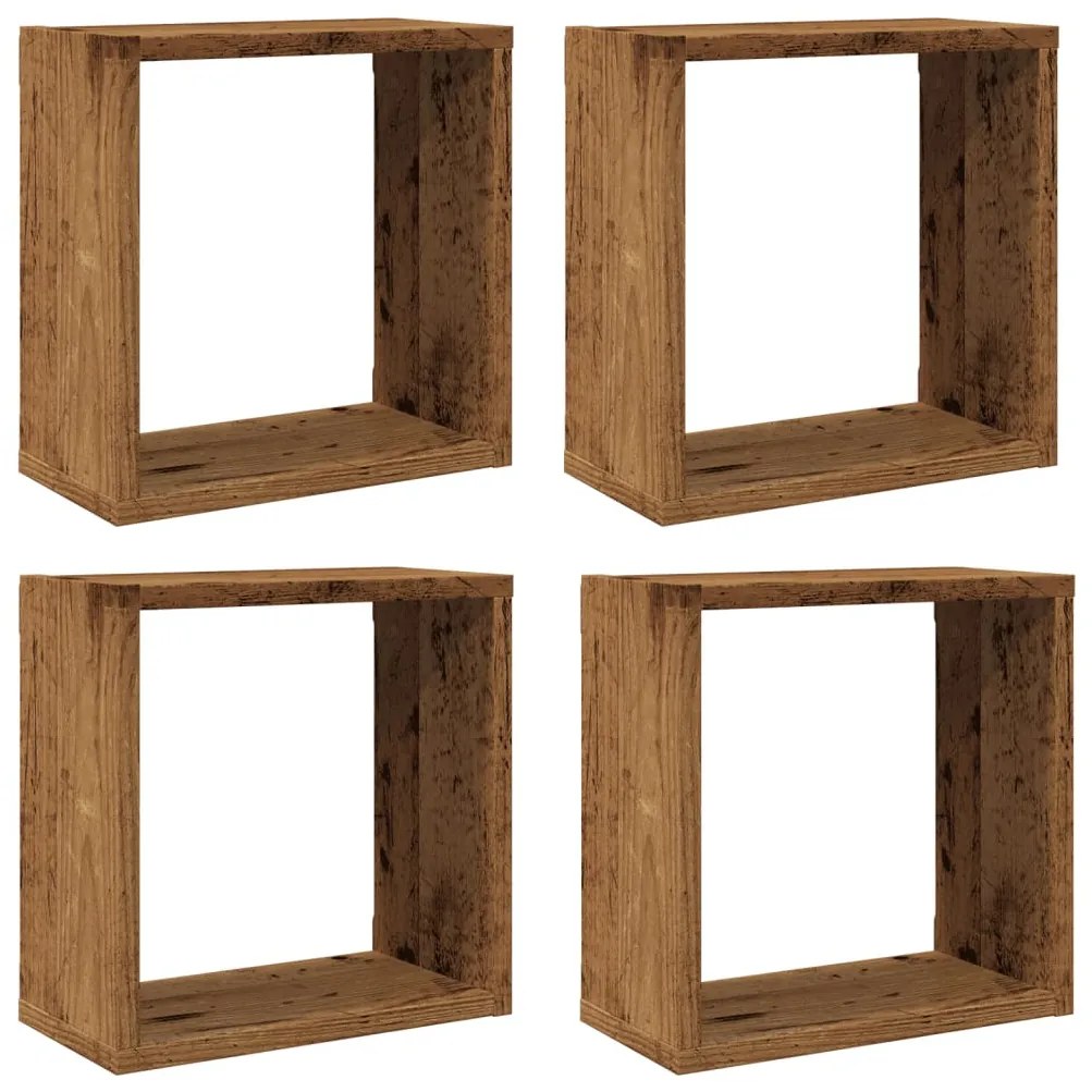 4 db antik fa színű szerelt fa fali kockapolc 30x15x30 cm