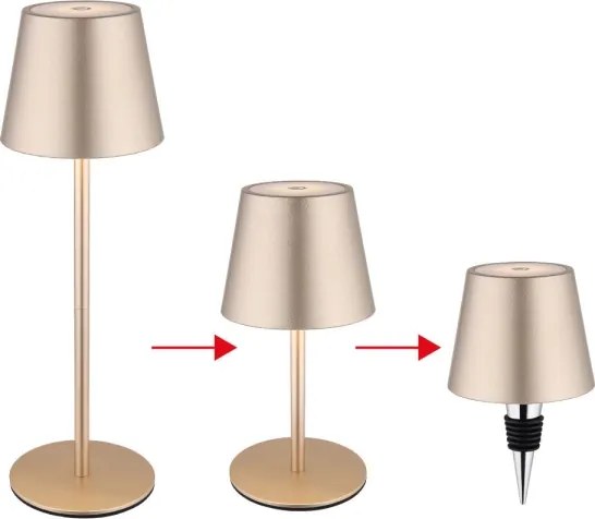 Globo 58488CH-LED VANNIE érintéses, dimmelhető, újratölthető kültéri asztali lámpa, 3W/5V, IP54, 1800mAh, sárgaréz