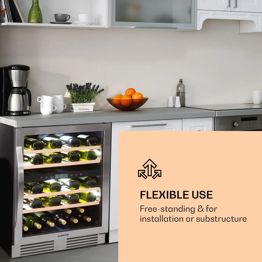 Klarstein Vinovilla Duo 43, 2 zónás borhűtő, 129 liter, 43 palack, 3 színű LED világítás, üvegajtó