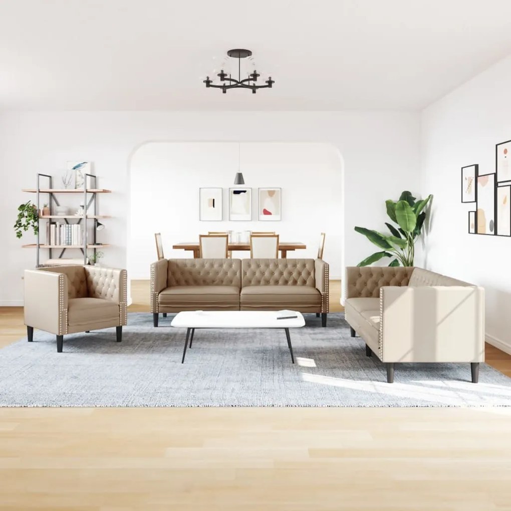3 részes kávészínű műbőr Chesterfield kanapégarnitúra
