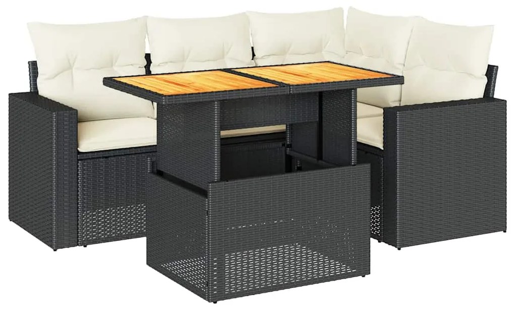 5 részes fekete polyrattan kerti kanapészett párnákkal