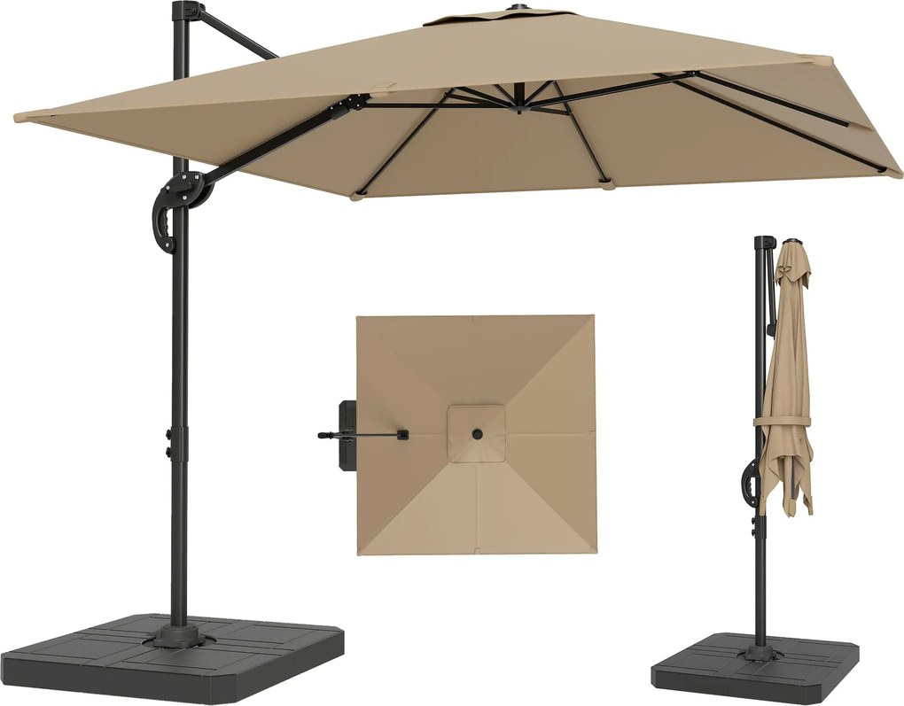 Outsunny konzolos négyzetes napernyő 2,4×2,4 m talppal és töltőlemezekkel — alumínium, 360°-os lábpedálos oszlop, UPF50+, 5 fokozatú döntés, khaki | A