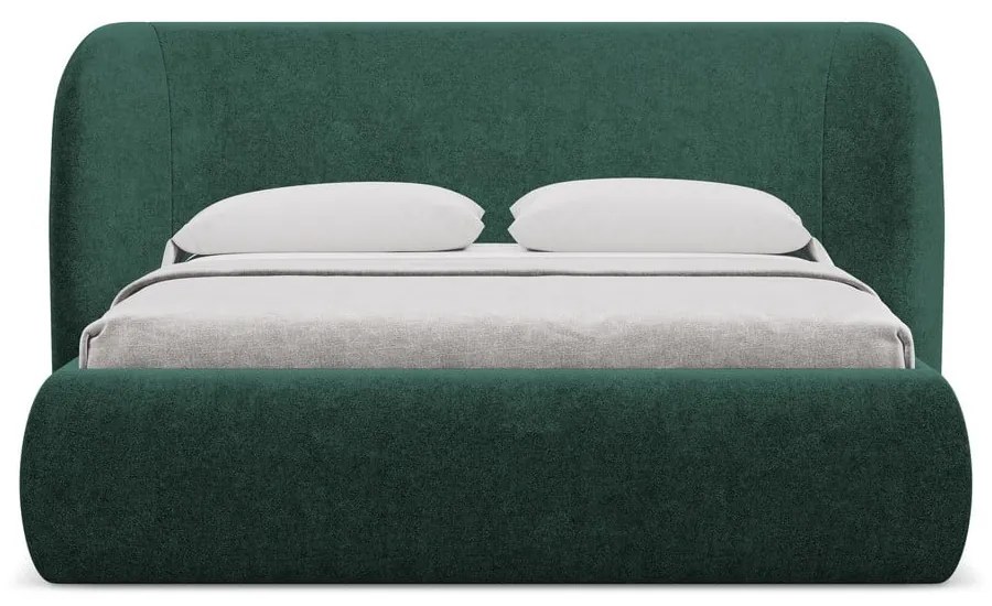 Sötétzöld kárpitozott ágyneműtartós franciaágy ágyráccsal 180x200 cm Hauke – Makamii