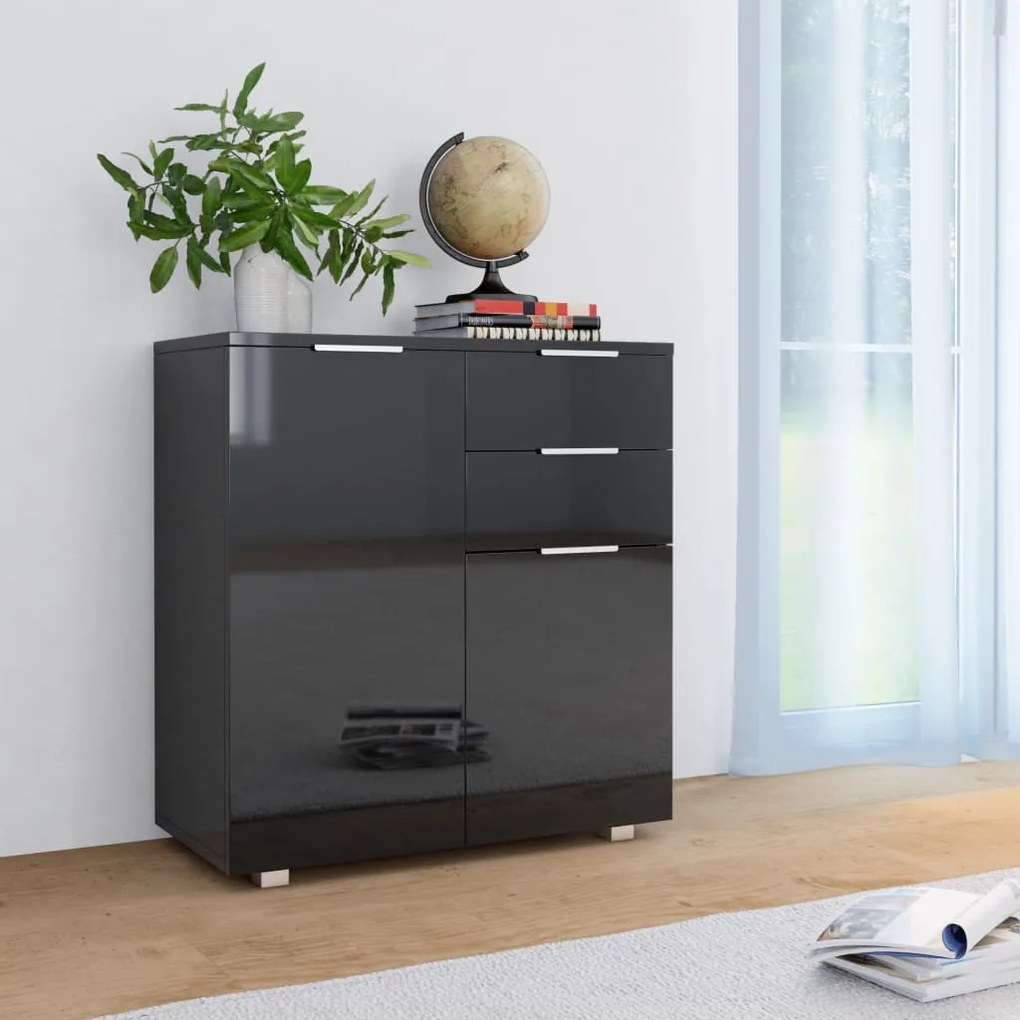 magasfényű fekete szerelt fa tálalószekrény 71x35x80 cm