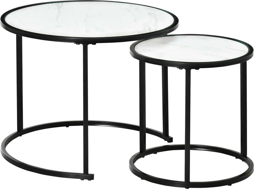 HOMCOM 2 darabos Kerek Oldaltáblák Modern Moduláris Asztal Műmárvány Felsőrésszel és Acél Kerettel Ø60x46 cm és Ø40x40 cm Fehér | Aosom