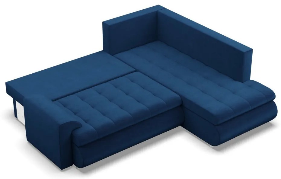 Tokio sarokkanapé, L alakú háttámlával, 2 ágyneműtartóval, bársony, jobboldali, kék
