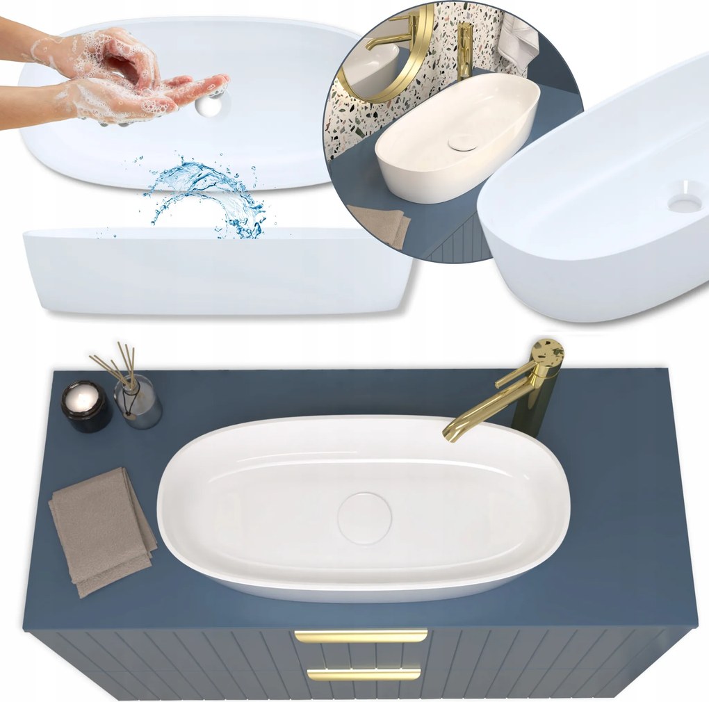 Mosdókagyló Asztali 60 Konglomerátum Fehér Fürdőszobai alacsony Túlfolyó Nélkül Ovális