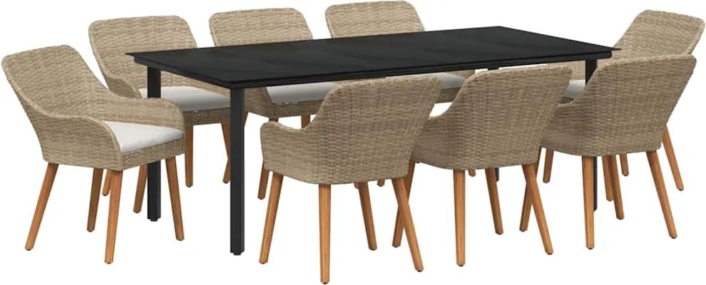 vidaXL Kert étkező szett párnával 9 pcs Bézs polirattan
