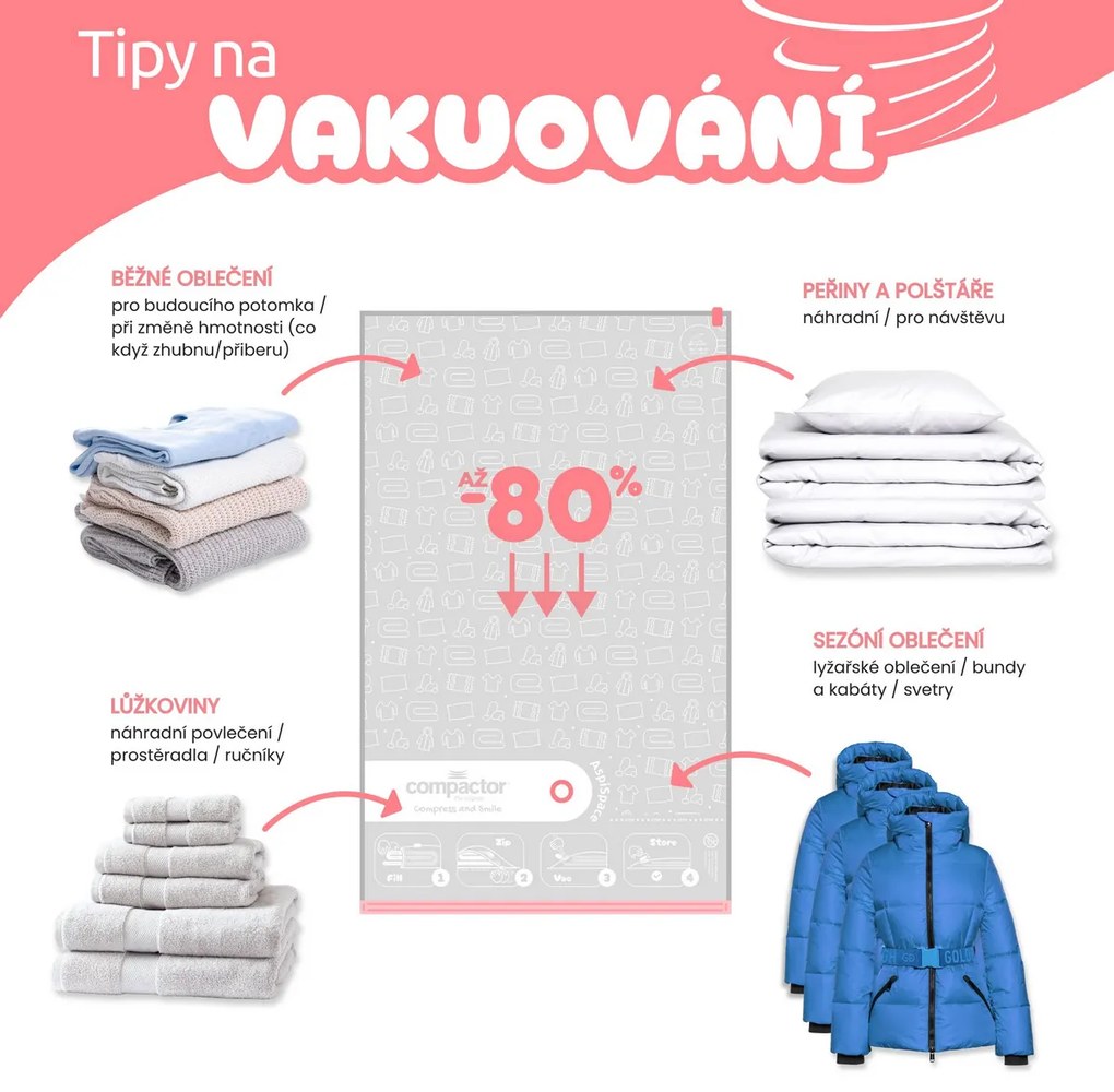 Tömörítő Aspispace M 70 l, 55 x 90 cm, 10 db,vákuumos tároló zsákok készlete, 10 db, 10 db