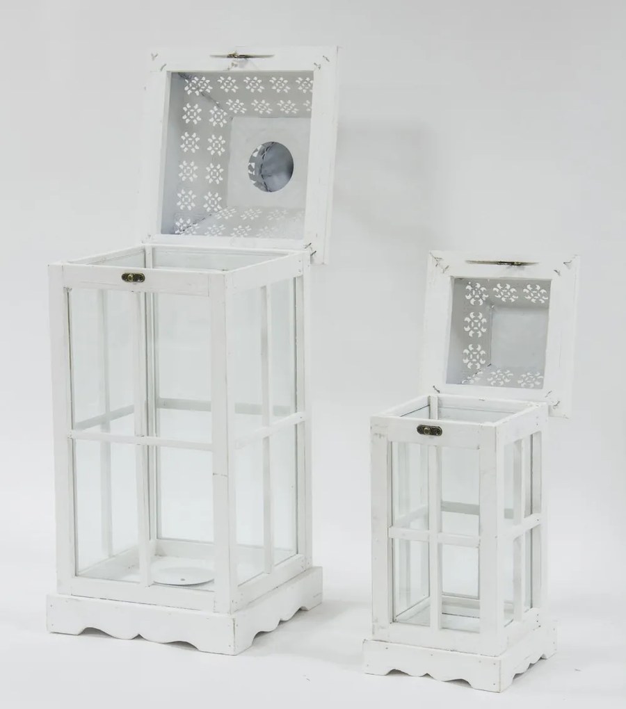 Vintage fehérre koptatott fa mécsestartó üvegezett lámpás lantern 2db-os szett fém tetővel 62x25x25 / 40x17x17cm