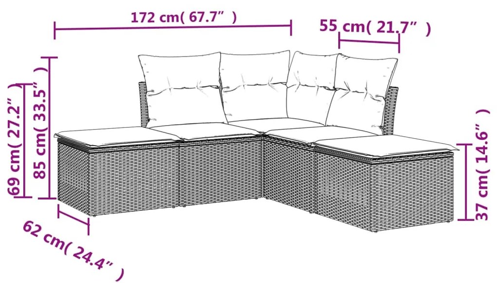 5 részes fekete polyrattan kerti kanapészett párnákkal