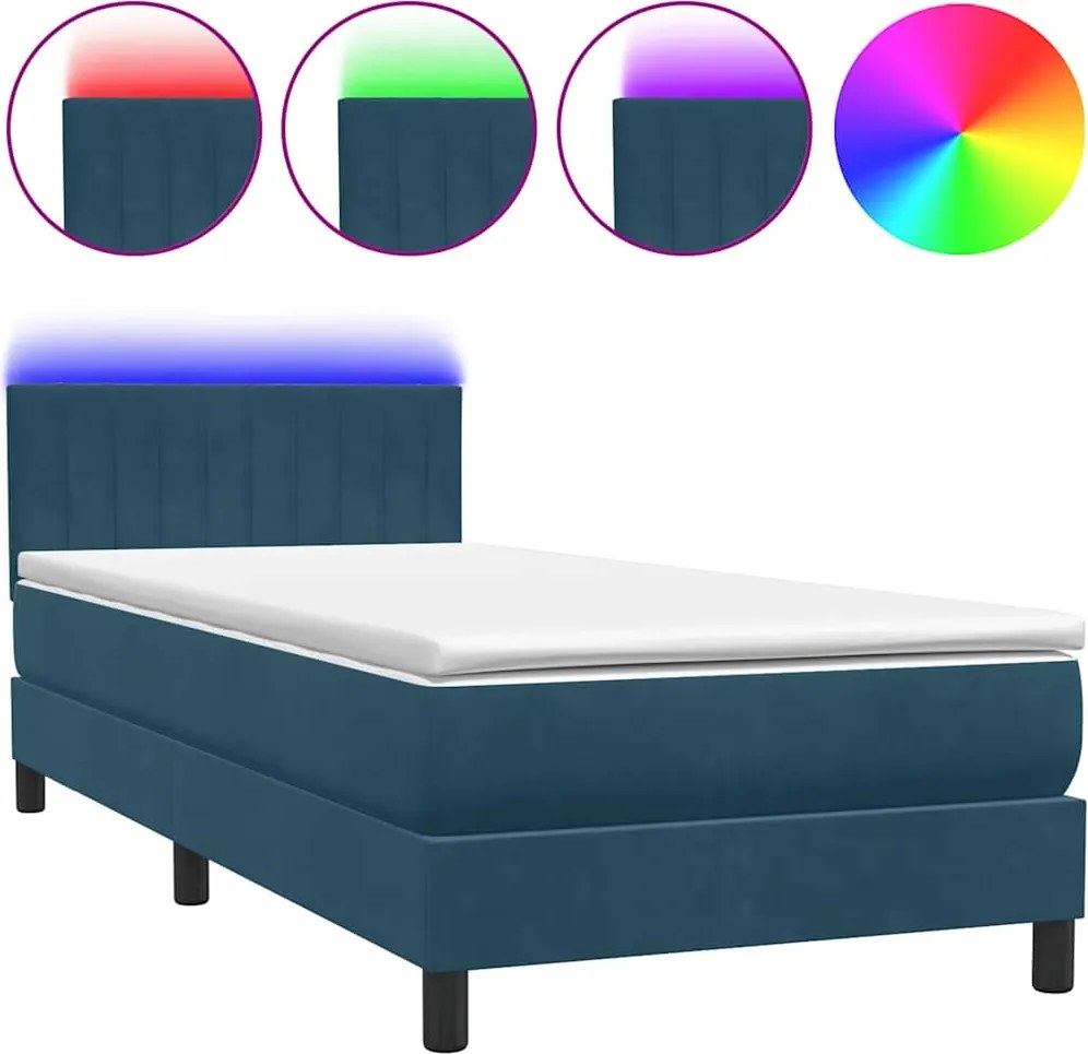 vidaXL sötétkék bársony rugós és LED-es ágy matraccal 80x220 cm