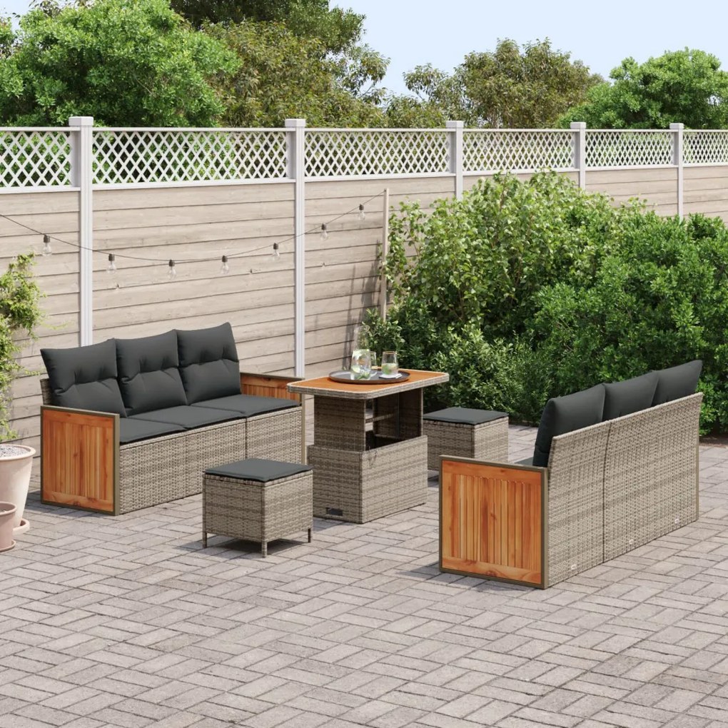 9 részes kerti kanapé szett párnákkal, szürke poli rattan akác, 2 személyes kerti kanapé párnákkal, szürke poli rattan, 3 részes kerti étkező szett párnákkal, szürke poli rattan akác