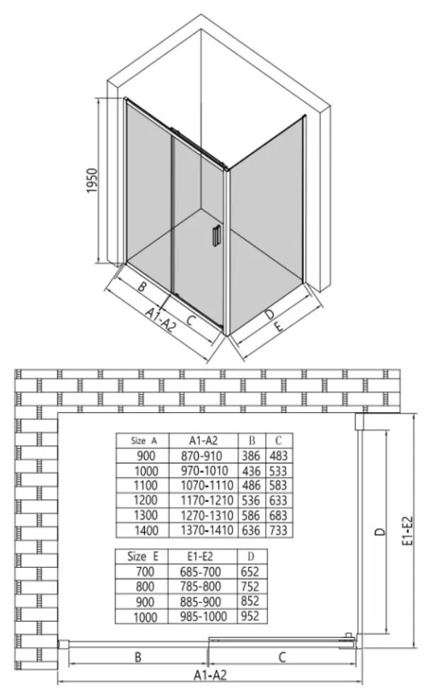Erga Alpine, tolóajtós zuhanykabin 90 (ajtó) x 100 (fal) x 195 cm, 6mm átlátszó üveg, fekete profil, ERG-V02-ALPINE-D090G100-BK