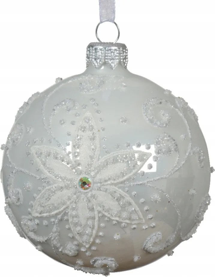 Karácsonyfadísz üveg Fehér Virág elegáns csillámos karácsonyfa 8cm