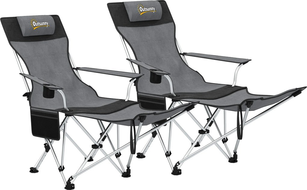 Outsunny 2 db-os Összecsukható Kemping Szék Készlet Hordozható Térdelőkkel, Párnázott Fejtámlával, Pohártartóval és Oldaltáskával 120 kg Teherbírású K