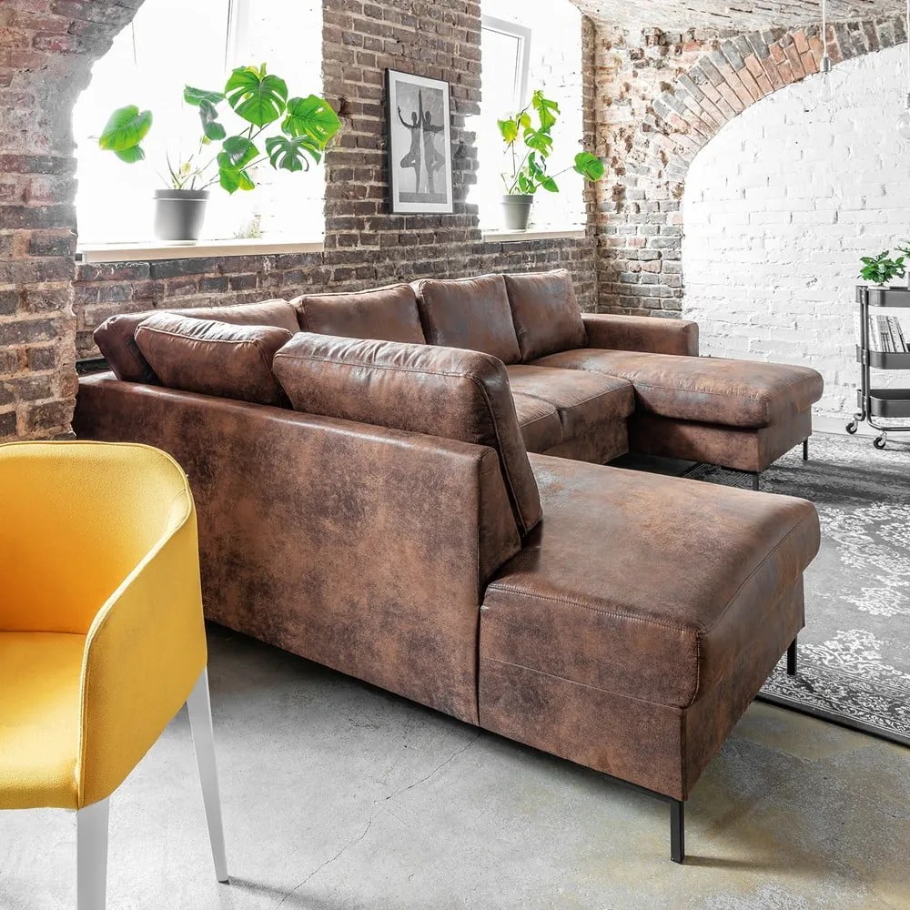 Lofty Lilly Vintage barna kinyitható U alakú bőrutánzat kanapé, bal oldali - Miuform