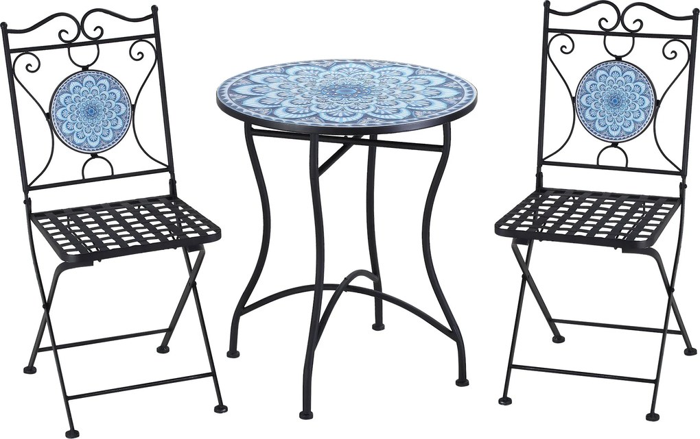 Outsunny 3 részes Kerti Szett Mozaikkal, Kerek Kültéri Asztal 2 Összecsukható Fém Székkel, Kék | Aosom