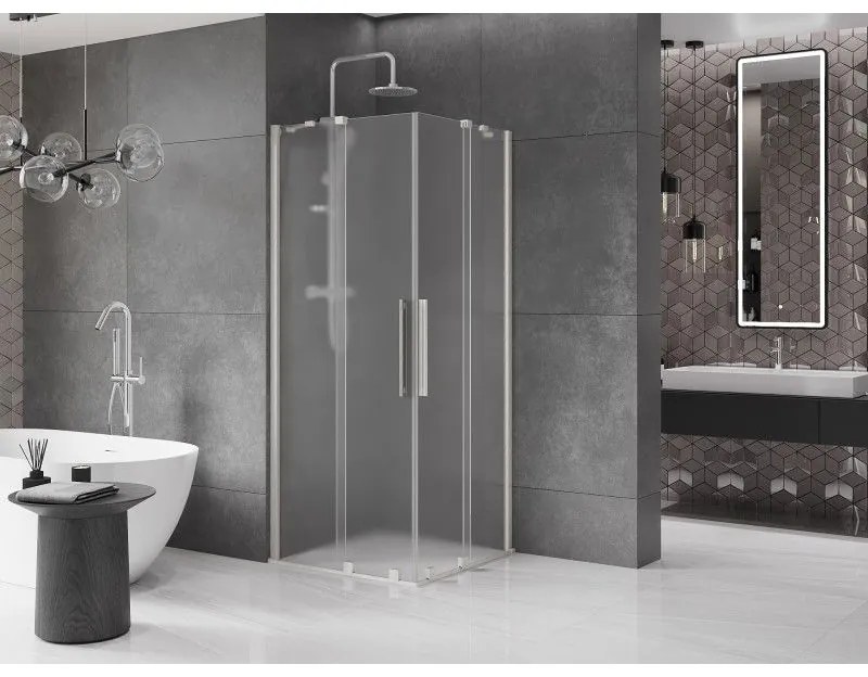 Mexen Velar Duo, zuhanykabin tolóajtóval 80 x 80 cm, 8 mm-es mattüveg, csiszolt acél, 871-080-080-32-97