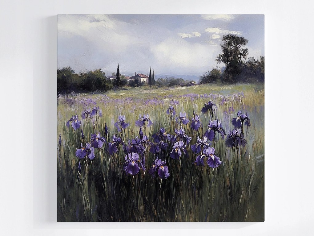 Vászonkép Canvas Tájkép Falu Rét Házak Virágok Írisz 80x80