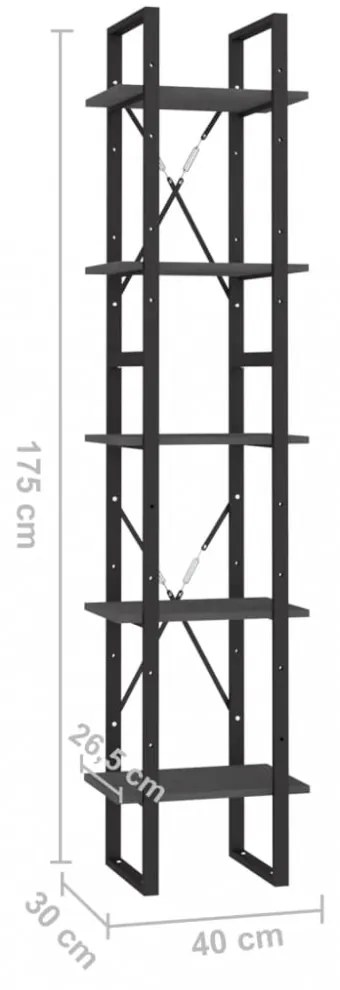 ötszintes szürke fenyőfa könyvszekrény 40 x 30 x 175 cm