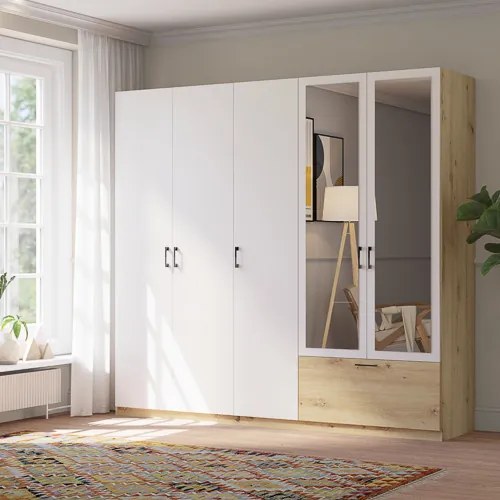 ALTA Gardróbszekrény Tölgy/Matt Fehér Színben, Tükörrel. 225 cm