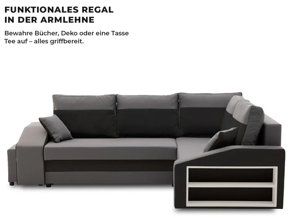 Grande sarokkanapé polcokkal és puffokkal , polc a jobb karfaban puffok a bal karfaban, jobboldali, szövet anyag, bonell töltet, szürke - fekete