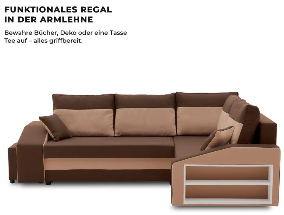 Grande sarokkanapé polcokkal és puffokkal , polc a jobb karfaban puffok a bal karfaban, jobboldali, szövet anyag, hab töltet, barna