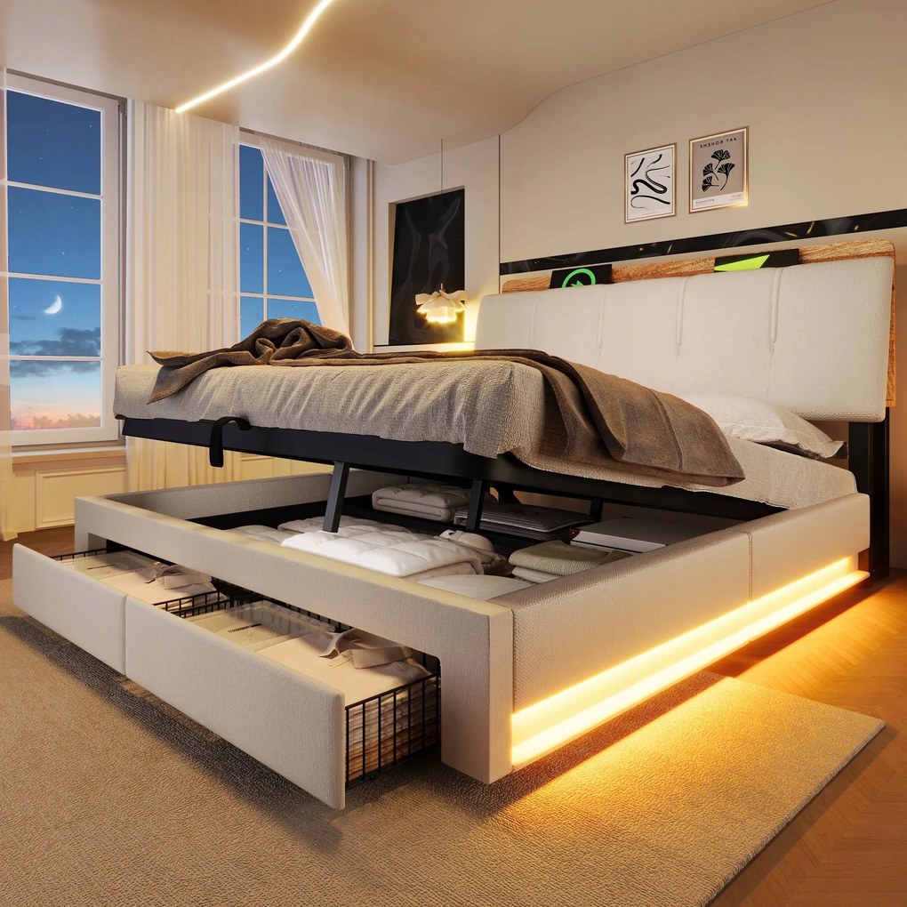 Kárpitozott ágy Franciaágy 140x200 cm Hidraulikus Led Usb C Bézs