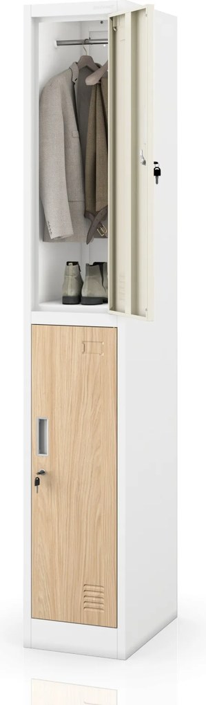 BHP öltözőszekrény, dolgozói, egyszemélyes, 2 rekesz akasztórúddal, fehér/Sonoma tölgy, 316,5x1850x450 mm: IGOR 1 Plus Eco Design