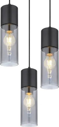 Globo 21000-3HB Függeszték, matt fekete fém, füstszínű üveg búra, matt fekete fém, fekete textil kábel, ø: 300mm, M: 1500mm, exkl. 3x E27 25W 230V