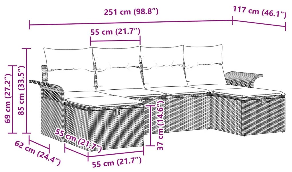 6-Darabos Kert Kanapé Készlet Párnákkal Fekete Poli Rattan