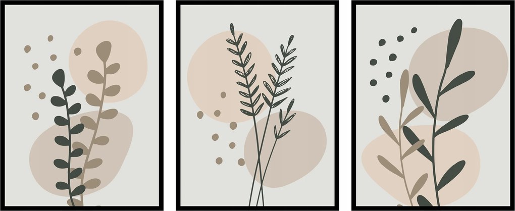 Poszterek 3db 50x70cm virágok növények fű boho grafika botanika triptichon
