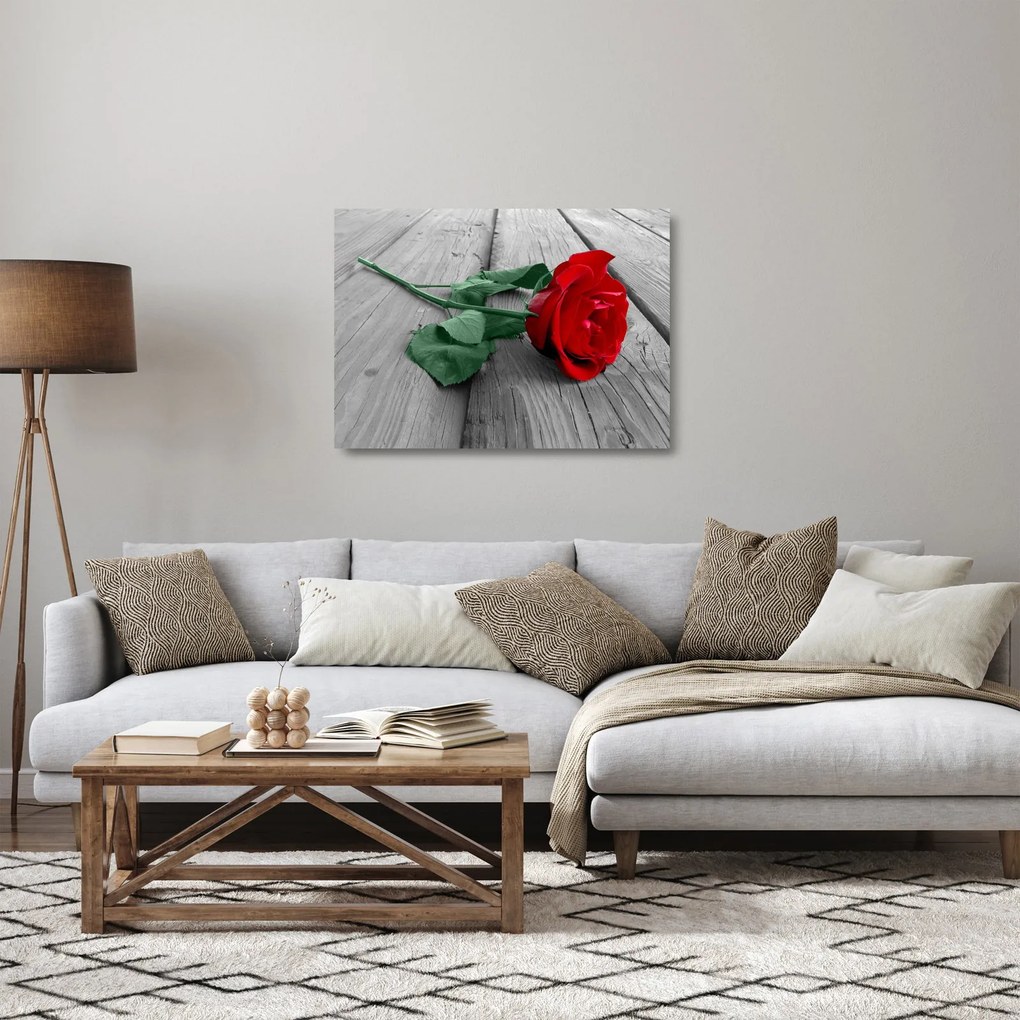 Üveg kép - Piros rózsa zöld szárral (70x50 cm)